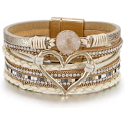 Women Boho Multilayer Leather Wrap Bracelet, Hollow Heart Rhinestone Wide Cuff Bracelet, Y2K Western Stackable Wrist Jewelry Gift