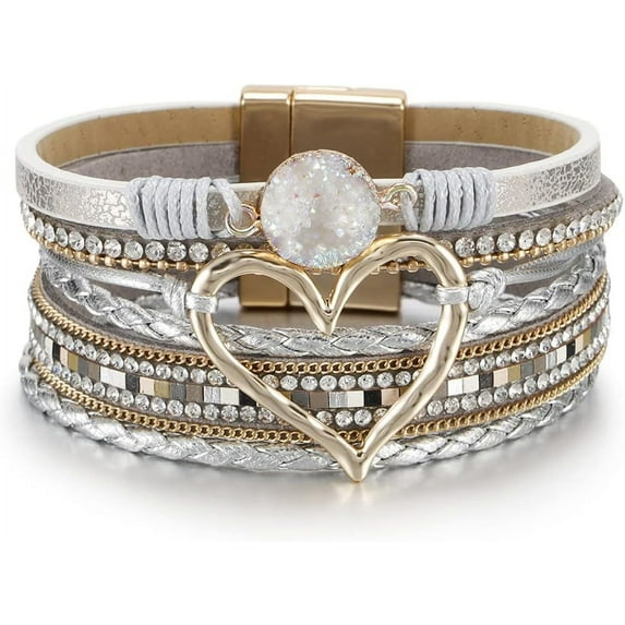 Leander Leopard Bracelet for Women, Boho Leather Wrap Multi-Layer Pearl Crystal Bracelet Bangle Jewelry