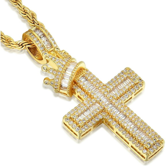Leander Men's Crown Cross Necklace - Copper Base with Silver and Gold Plating, Religious Cross Pendant Jewelry for Men
