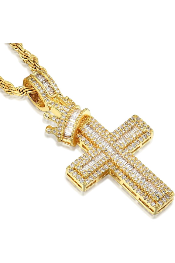 Men's Crown Cross Necklace - Copper Base with Silver and Gold Plating, Religious Cross Pendant Jewelry for Men