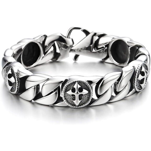 Leander Men's Stainless Steel Cuban Chain Bracelet, Vintage Gothic Cross Medallion Curb Link Biker Punk Rock Statement Jewelry Gift 8.46"