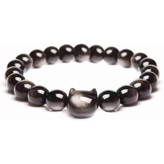 Leander Money Attraction Cat Bracelet, Black Obsidian Stone Bead Stretch Bracelet for Women, Wealth Prosperity Feng Shui Spiritual Protection Jewelry Gift