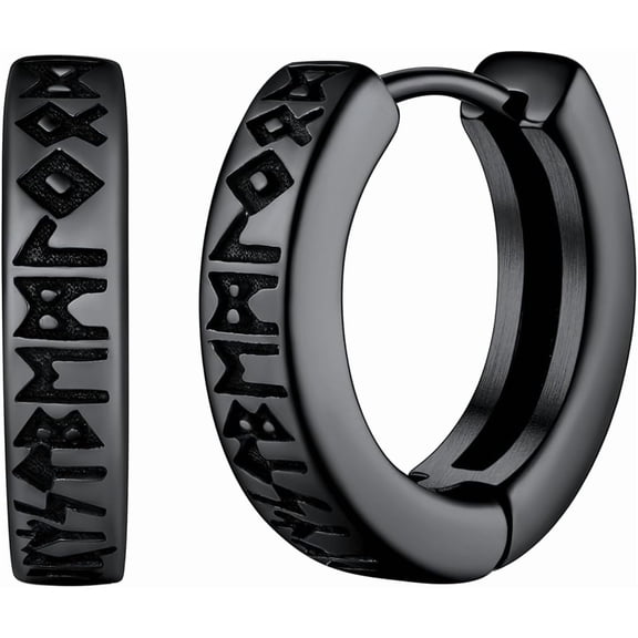 Leander Norse Viking Runes Hoop Earrings for Men Hypoallergenic Stainless Steel Punk Huggie Hoop Earring Sturdy Norse Mythology Jewelry Gifts with Delicate Packaging
