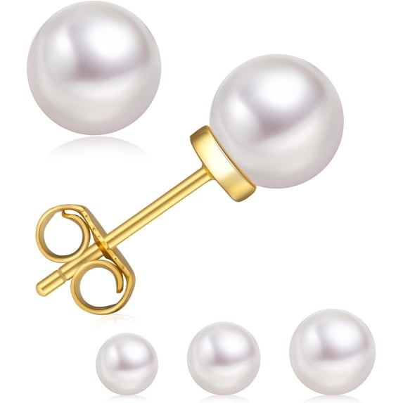 Leander Pearl Earrings for Women, Round White AAAA+ Freshwater Real Pearl, 14k Golden Plated Sterling Silver, Handpicked Genuine Cultured Pearls, Classic Bridal Earrings, Hypoallergenic Gifts For Mom