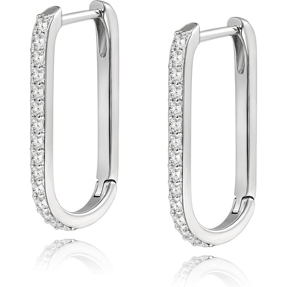 Leander Rectangle Hoop Earrings Cubic Zirconia Huggie Hoop Earring Sterling Silver Plated U Hoops CZ Oval Hoops Earrings Paperclip Chain Link Earring for Women
