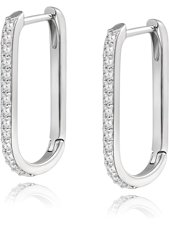 Leander Rectangle Hoop Earrings Cubic Zirconia Huggie Hoop Earring Sterling Silver Plated U Hoops CZ Oval Hoops Earrings Paperclip Chain Link Earring for Women