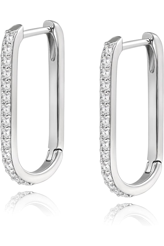 Rectangle Hoop Earrings Cubic Zirconia Huggie Hoop Earring Sterling Silver Plated U Hoops CZ Oval Hoops Earrings Paperclip Chain Link Earring for Women