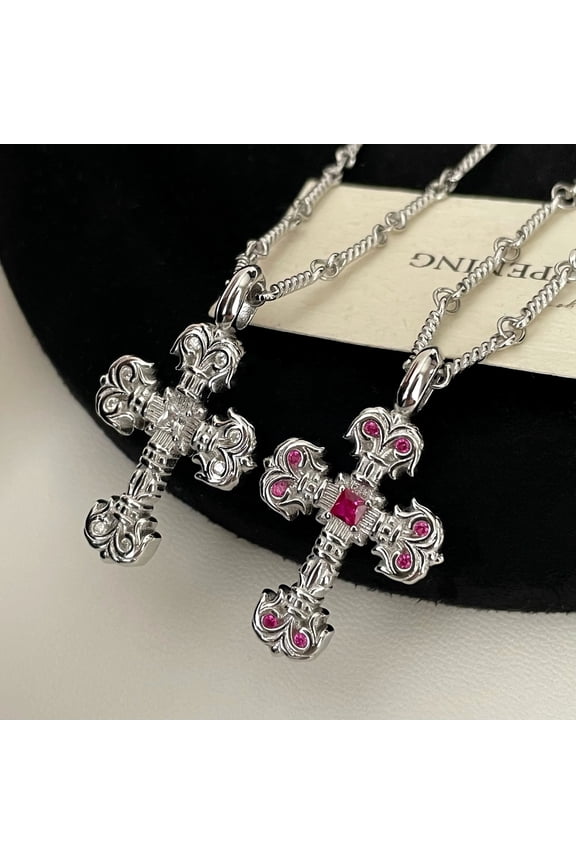 S925 Sterling Silver, Colorful Zircon Flame Cross Pendant Necklace, Classic and Versatile.