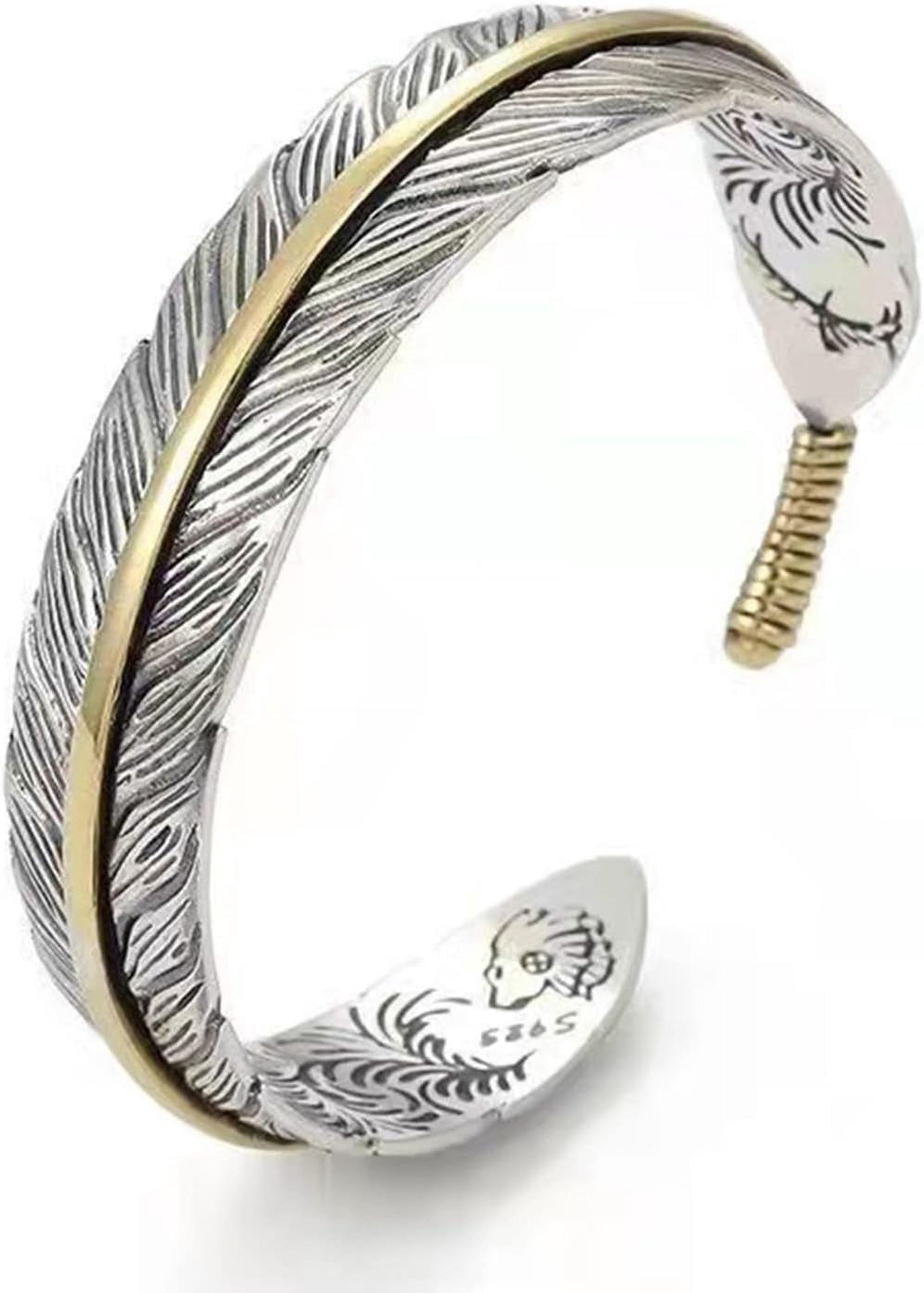 Leander S999 Antique Silver Plated Wide Feather Cuff Bracelet For Men Women Adjustable Retro Twisted Feathers Bracelets Gift Jewelry