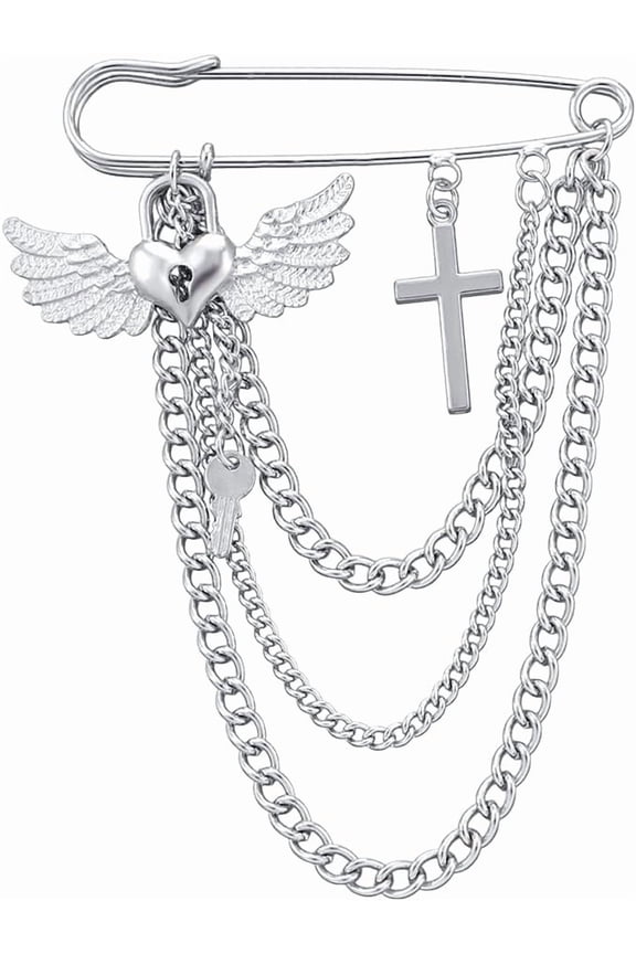 Safety Pin Brooch with Hanging Chains Charms Decorative Punk Goth Collar Brooches Pin for Sweater Dress Skirt Tie Pins Emo Pins