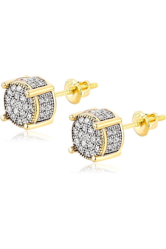 Screw Back Earrings 14K Golden Plated 5A+ Cubic Zirconia Cluster Round Screw On Stud Earrings For Men Women Aretes De Hombre