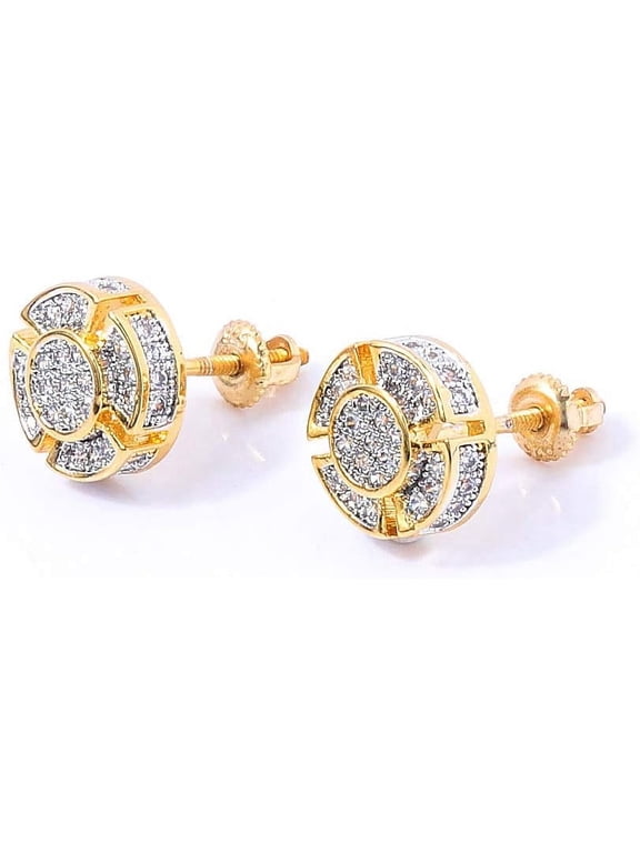 Screw Back Earrings 14K Golden Plated 5A+ Cubic Zirconia Cluster Round Screw On Stud Earrings For Men Women Aretes De Hombre