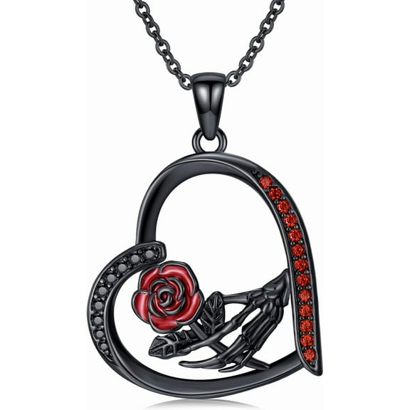 Leander Skeleton Hand Red Rose Necklace 925 Sterling Silver Heart Halloween Pendant Necklace Gothic Jewelry