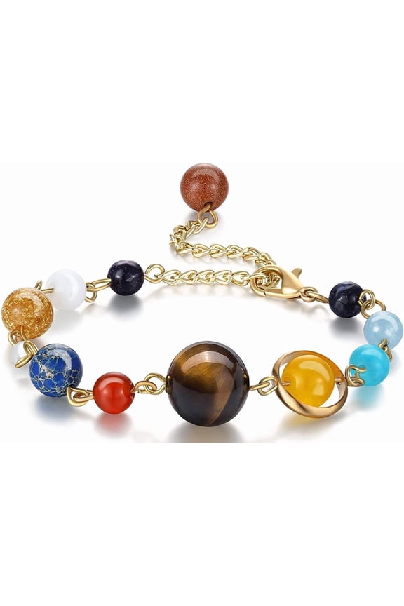 Solar System Bracelet for Women Men, Eight Planets Natural Stone Beads Universe Galaxy Adjustable Bangle Gift
