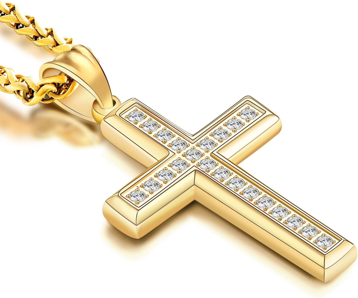 Leander Stainless Steel CZ Cross Necklace Men Women - 18K Gold Plated 5A+ Cubic Zirconia Crucifix Pendant - Christian Religious 3mm Rolo Chain Jewelry Present