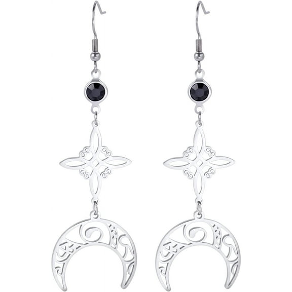 Leander Stainless Steel Crescent Goddess Black Birthstone Witches Knot Earrings Triple Moon Wicca Pentagram Gothic Celtic Knot Drop Earrings