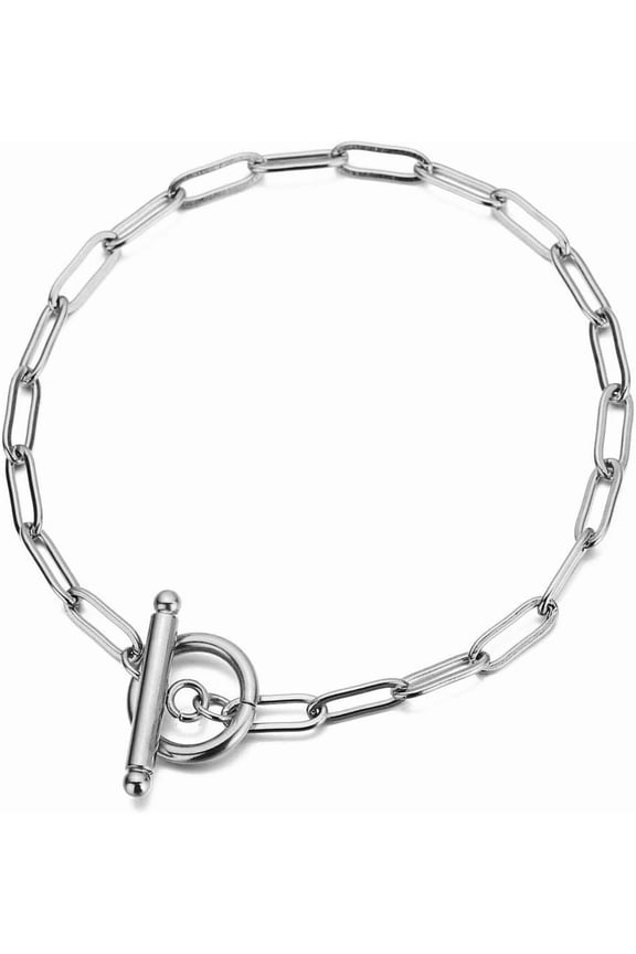 Stainless Steel OT Buckle Paperclip Link Chain Bracelet for Women, Minimalist T-Bar Toggle Jewelry Gift