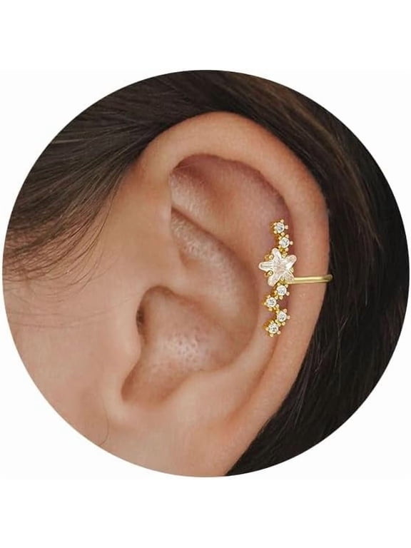 Star 14K Gold Plated Ear Cuff Earrings for Women Non Piercing Clip On Cartilage Ear Cuff Cubic Zirconia Starburst Sparkling Ear Accessories Gift
