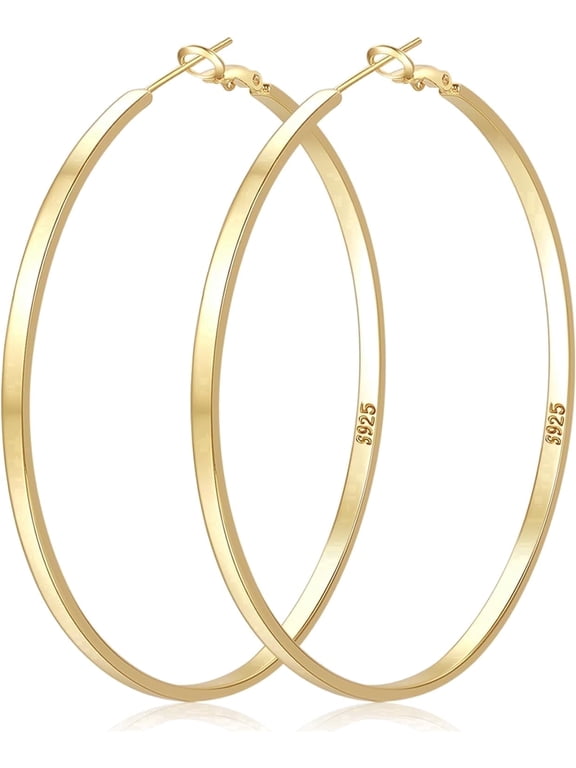 14K Gold Plated Hoop Earrings for Women, Large Lightweight Thin Hoops with 925 Sterling Silver Post, Hypoallergenic for Sensitive Ears, 30/40/50/60/70mm