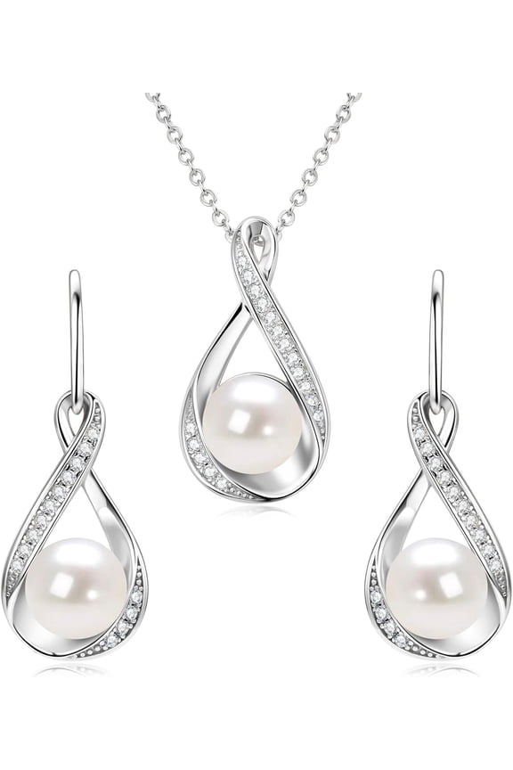 Sterling Silver Pearl Jewelry Set with Shiny Moissanite, Real Freshwater Pearl Earrings Necklace for Women, Wedding Jewelry for Brides Bridesmaid, Mother's Day
