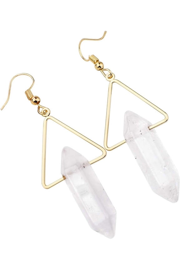 Stone Dangle Drop Earrings for Women, Hexagonal Double Points Healing Crystal Quartz Gold Plated Triangle Earrings with Hook