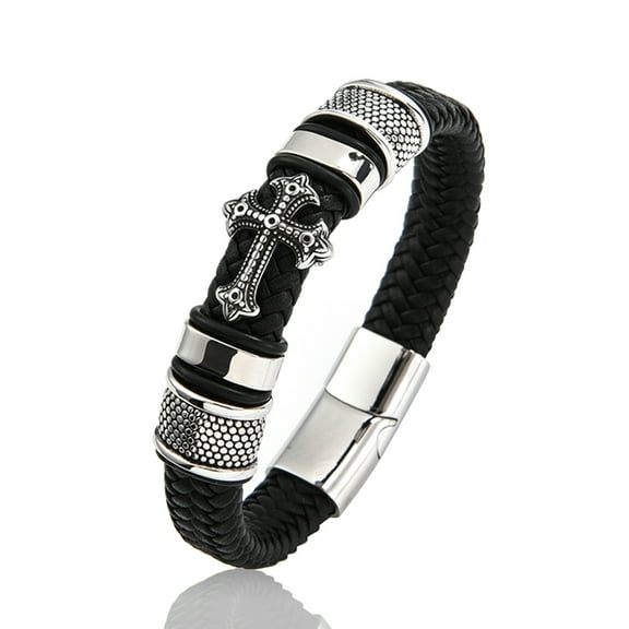 Leander Titanium Cross Leather Braided Bracelet for Men and Women with Magnetic Clasp