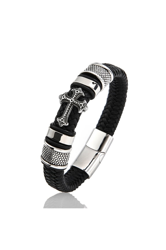Titanium Cross Leather Braided Bracelet for Men and Women with Magnetic Clasp
