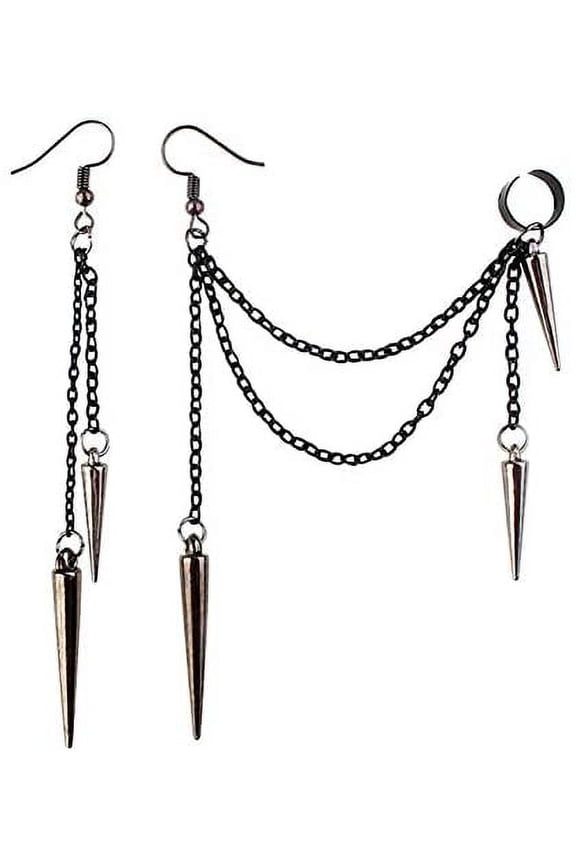 Unique Lightweight Black Silver Punk Long Tassel Chain Ear Cuff Earrings 316L Stainless Steel Vintage Barrel Nails Crawler Climer Dangle Drop Stud Earrings for Men Women Unisex