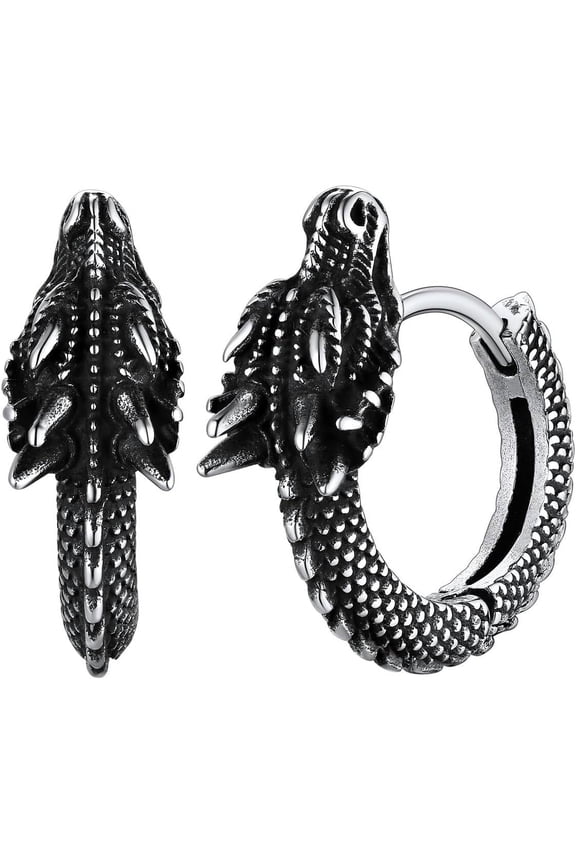 Viking Animals Huggie Hoop Earrings for Men, Gothic Dragon/Snake/Dinosaur/Wolf Earrings Stainless Steel Hypoallergenic Lightweight Stud Earrings Mens Punk Rock Jewelry Gift