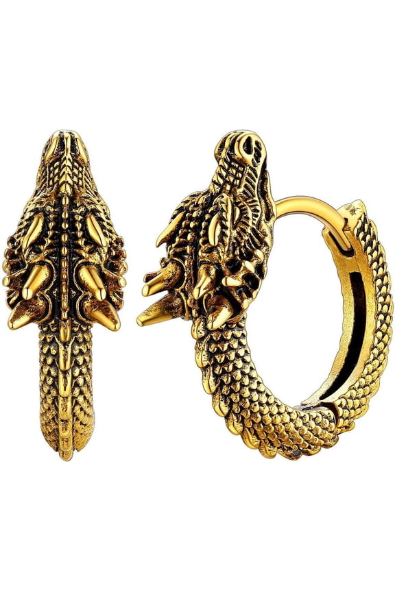 Viking Animals Huggie Hoop Earrings for Men, Gothic Dragon/Snake/Dinosaur/Wolf Earrings Stainless Steel Hypoallergenic Lightweight Stud Earrings Mens Punk Rock Jewelry Gift