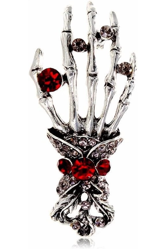 Vintage Skeleton Hand Brooch, Gothic Red Crystal Skull Lapel Pin for Halloween Punk Jacket Suit Backpack Jewelry Gift