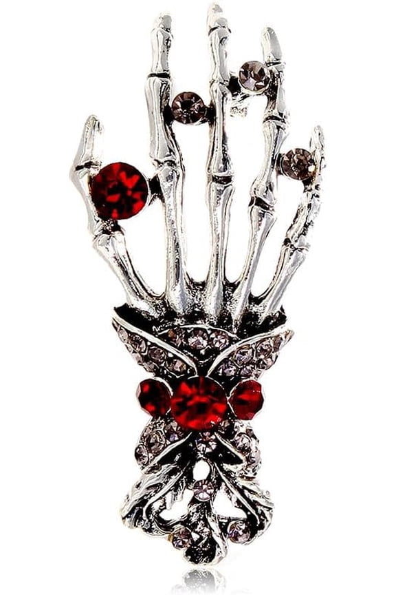 Vintage Skeleton Hand Brooch, Gothic Red Crystal Skull Lapel Pin for Halloween Punk Jacket Suit Backpack Jewelry Gift