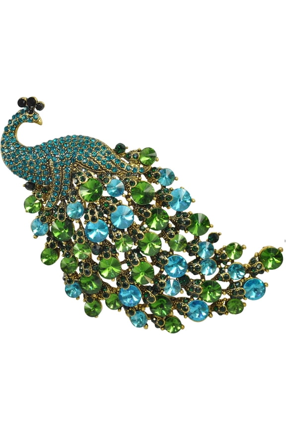 Vintage Style Crystal Peacock Brooch Pin for Women – Large Feather Animal Jewelry Gold Tone Rhinestone Statement Lapel Pin Fashion Accessory