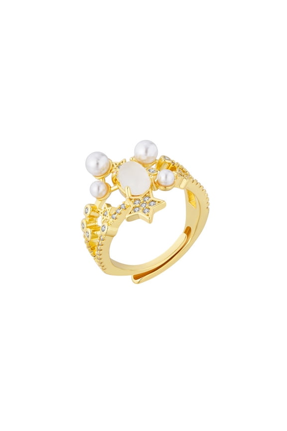 Women's Adjustable Pearl Index Finger Ring with Cubic Zirconia Star Embellishments - Perfect for Gifts, Prom, and Everyday Wear