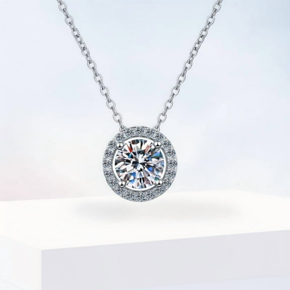 Leander Women's Moissanite Geometric Pendant Necklace, featuring 1.0 carat of lab-grown diamonds, a VVS-clarity D-color moissanite, and a 925 sterling silver necklace plated with white gold.