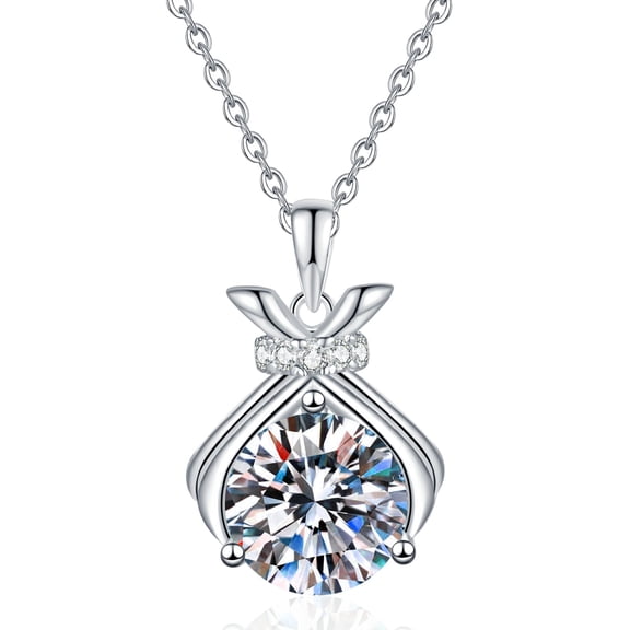 Leander women's water blessing bag pendant necklace featuring 1.0 carat of lab-grown diamonds, VVS clarity D color moissanite, and 925 sterling silver plated with white gold.