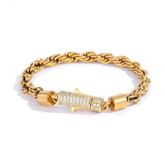 Leander Men's Braided Stainless Steel Bracelet, Set with Zircon, Gold Plated, 6mm Width, 8 inches Length