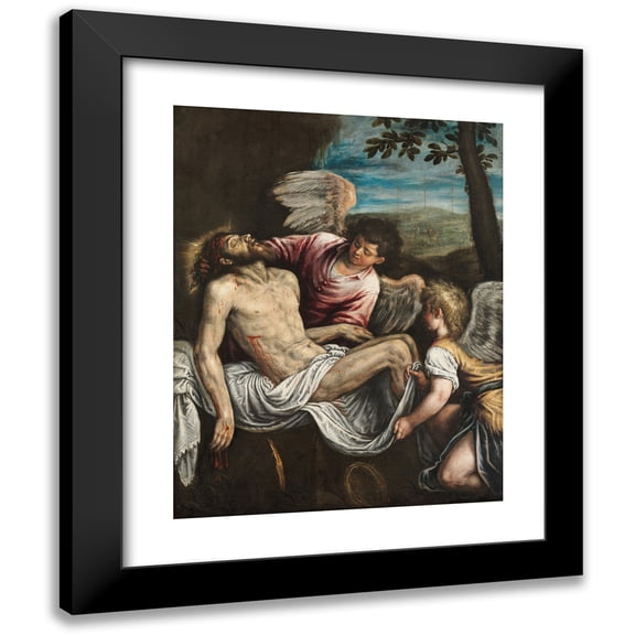 Leandro Bassano 20x24 Black Modern Framed Museum Art Print Titled - The Dead Christ with Angels (C. 1580)