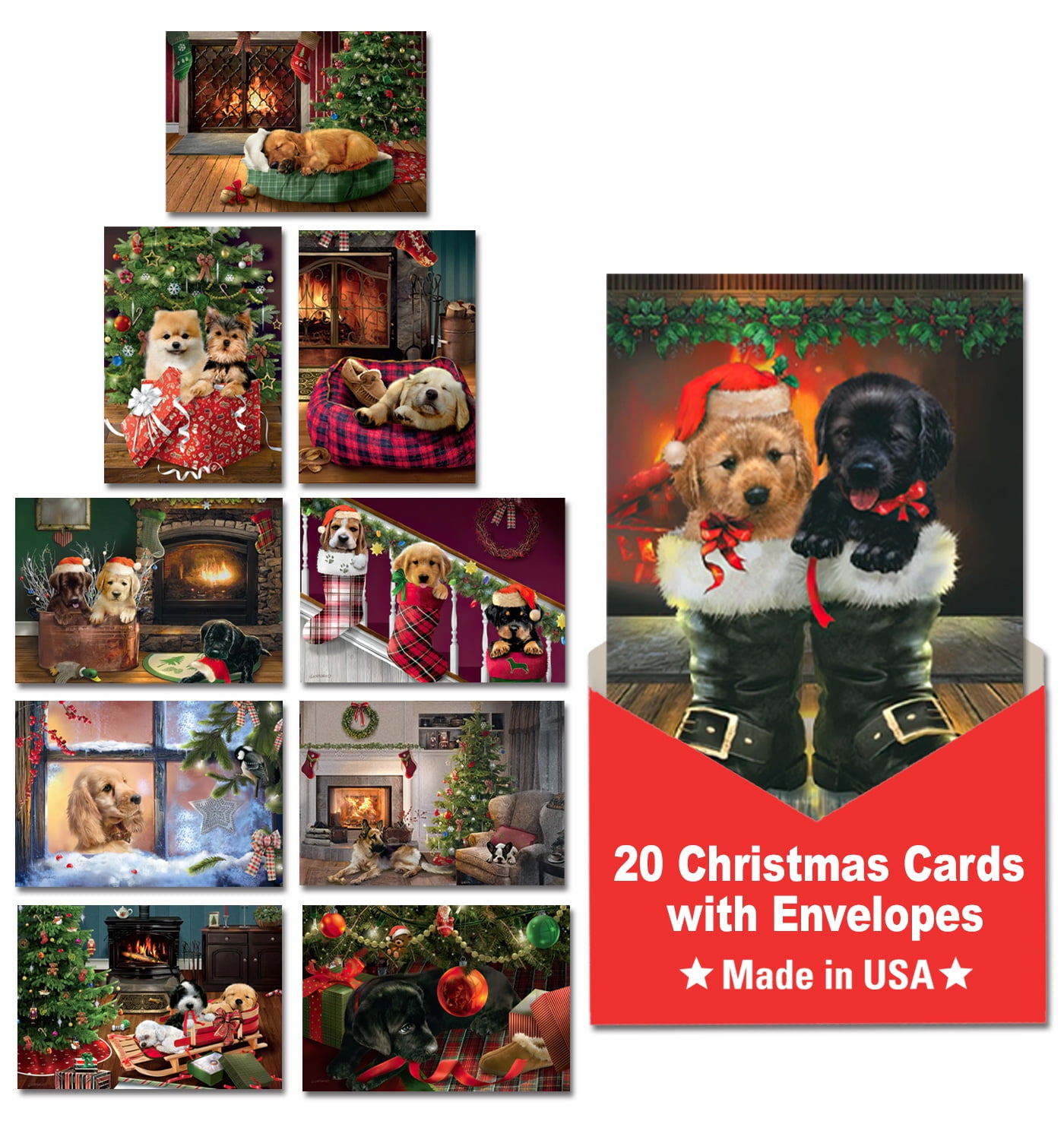 Leanin' Tree - Made In USA - Fireside Pups - Pack of 20 Boxed Christmas Cards with Envelopes Merry Christmas Cards 2025 Bulk, Perfect for Sending Xmas Holiday Greetings