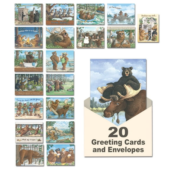 Leanin' Tree, Laughing Bear Art, Greeting Cards Assortment Box, Assorted Cards with Envelopes All Occasion, (20 Funny Cards, 22 Colorful Envelopes)