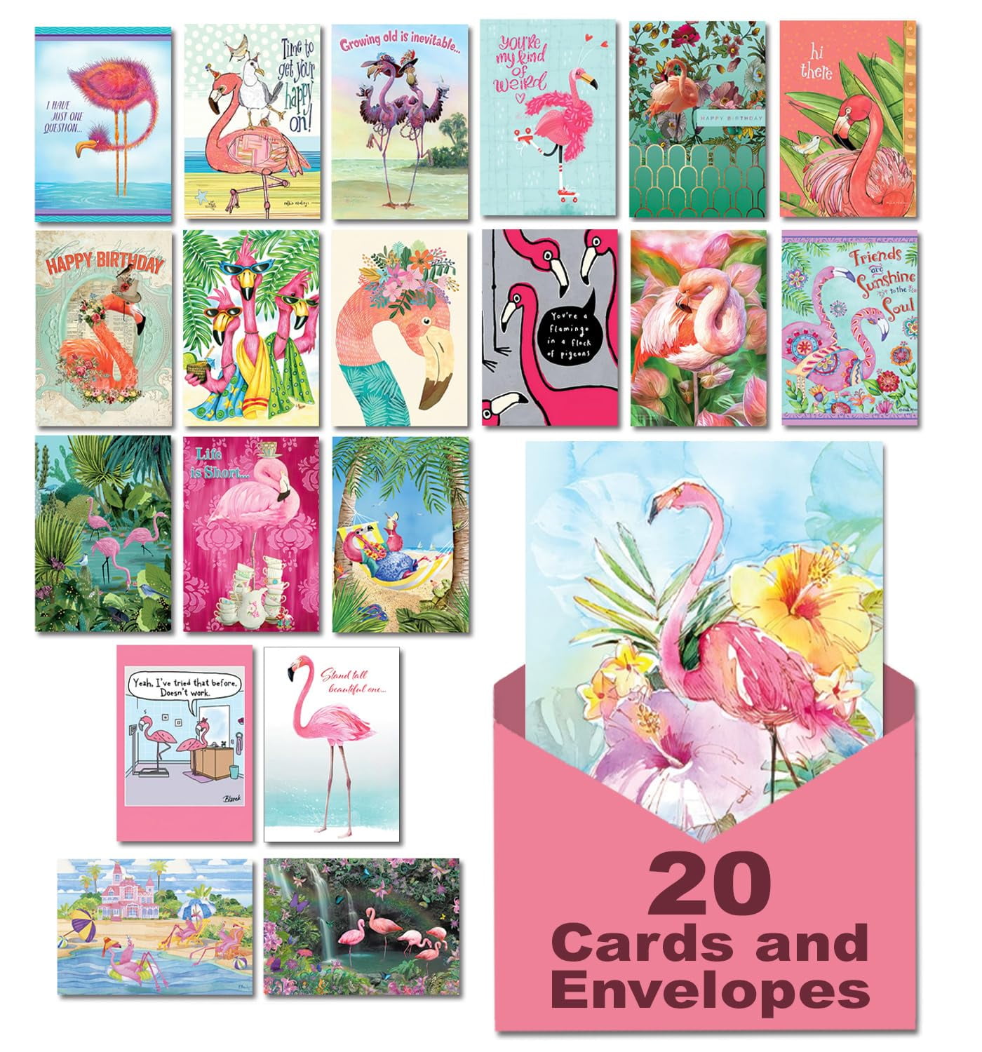 Leanin' Tree In the Pink! Fun & Fabulous Flamingos, Greeting Cards Assortment Box, Birthday Cards for Women, All Occasion Cards Assortment Box with Envelopes, (20 Funny Cards, 22 Colorful Envelopes)