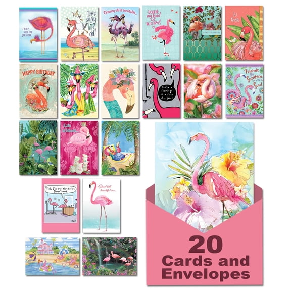Leanin' Tree In the Pink! Fun & Fabulous Flamingos, Greeting Cards Assortment Box, Birthday Cards for Women, All Occasion Cards Assortment Box with Envelopes, (20 Funny Cards, 22 Colorful Envelopes)