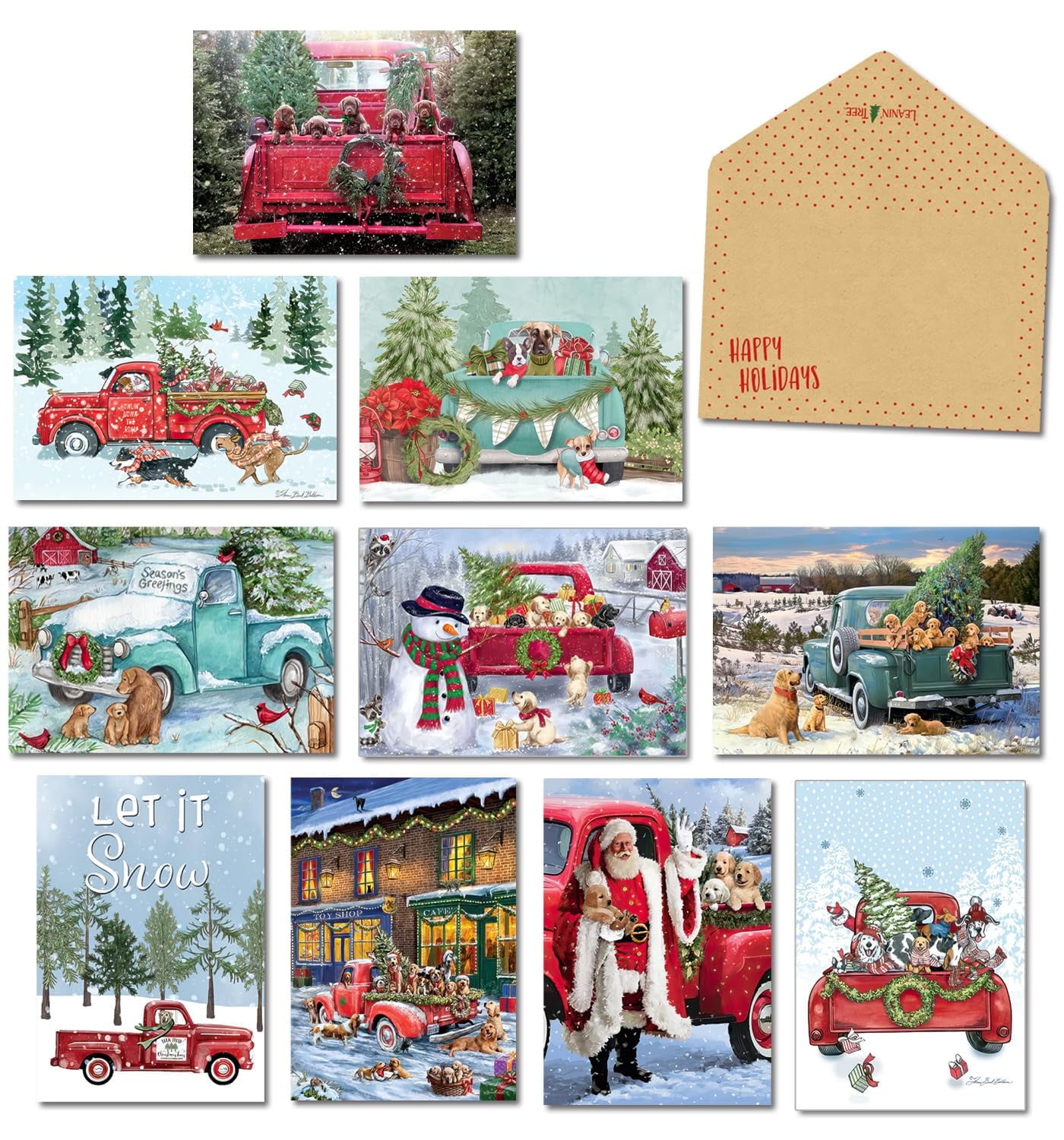 Leanin' Tree, Pups and Trucks, Boxed Christmas Cards, Assorted Christmas Cards, Christmas Cards Boxed with Envelopes, Holiday Cards, (20 Xmas Cards, 22 Envelopes)