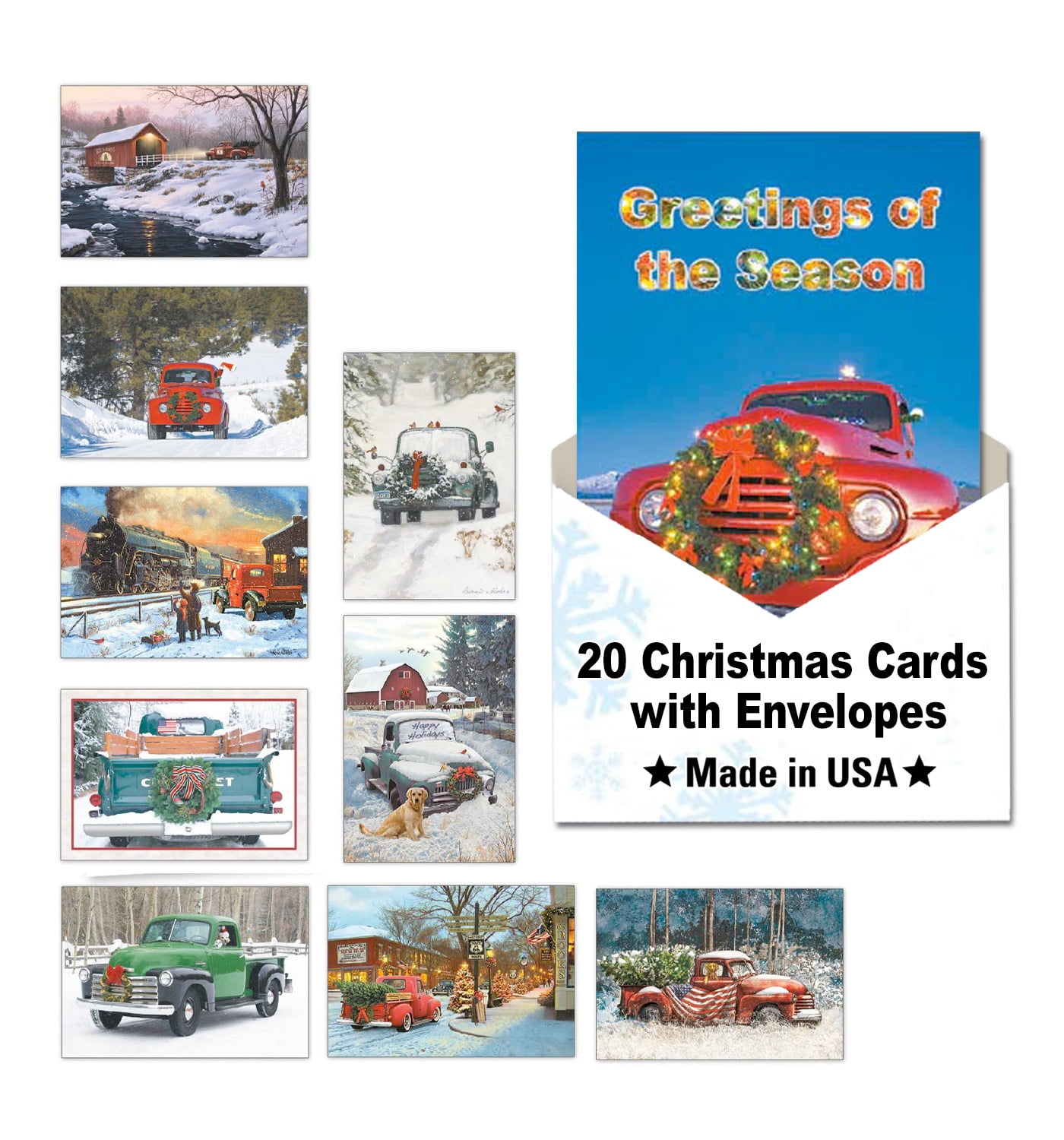 Leanin' Tree - Made In USA - Truckin' Through The Holidays - Pack of 20 Boxed Christmas Cards with Envelopes Merry Christmas Cards 2025 Bulk, Perfect for Sending Xmas Holiday Greetings