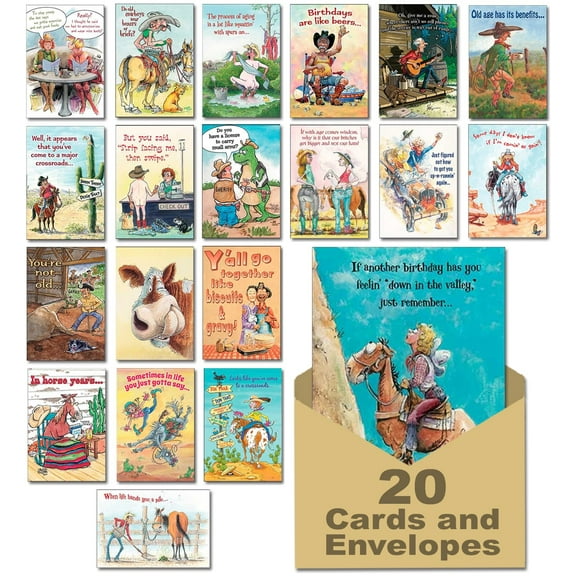Leanin' Tree Western Chuckles - Made in USA - 20 Assorted Cards with Envelopes All Occasion, Birthday Cards Funny Enough to Make You Laugh, Includes Birthday, Encouragement, Friendship, Get Well