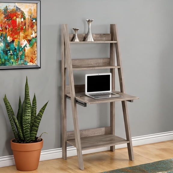 Leaning Ladder Computer Desk with Storage Shelves, Warm Brown Laminate, 61-Inch Height