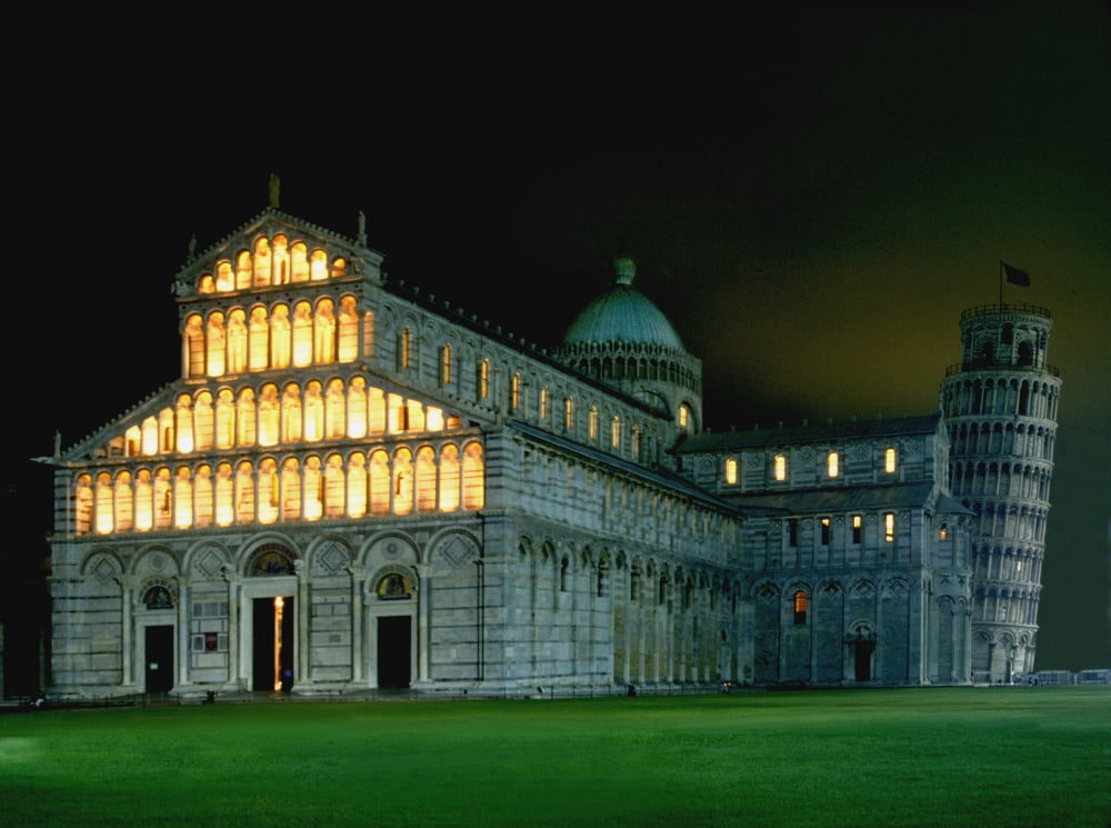 Leaning Tower Lit Up At Night Canvas Art - Darren Greenwood Design Pics (16 x 12)