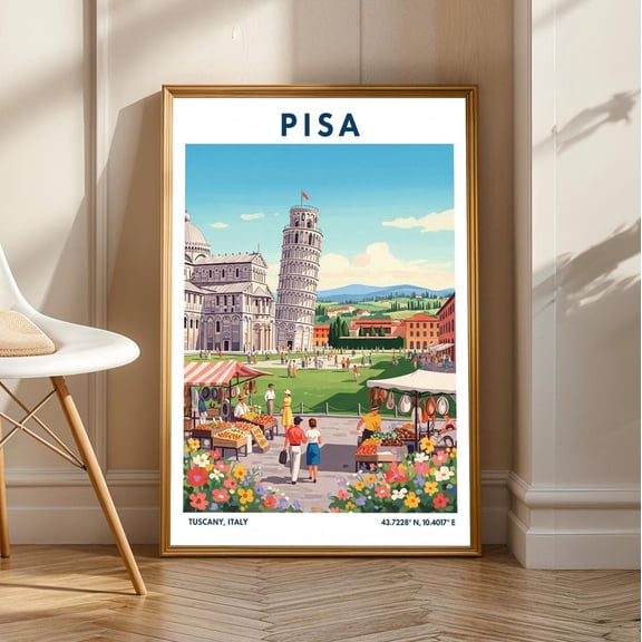 Leaning Tower Of Pisa Vintage Travel Art Print: Italian Tuscan Decor, Stretched Canvas Size 12x18