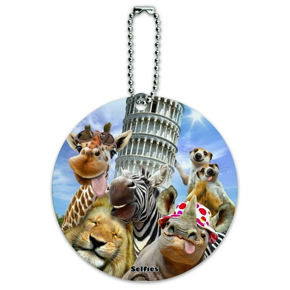 Leaning Tower Pisa Italy Selfie Giraffe Zebra Lion Rhino Round Luggage ID Tag Card Suitcase Carry-On