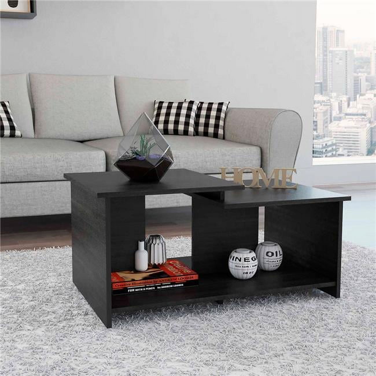 Leanna Black Rectangular Wood Coffee Table with Shelves